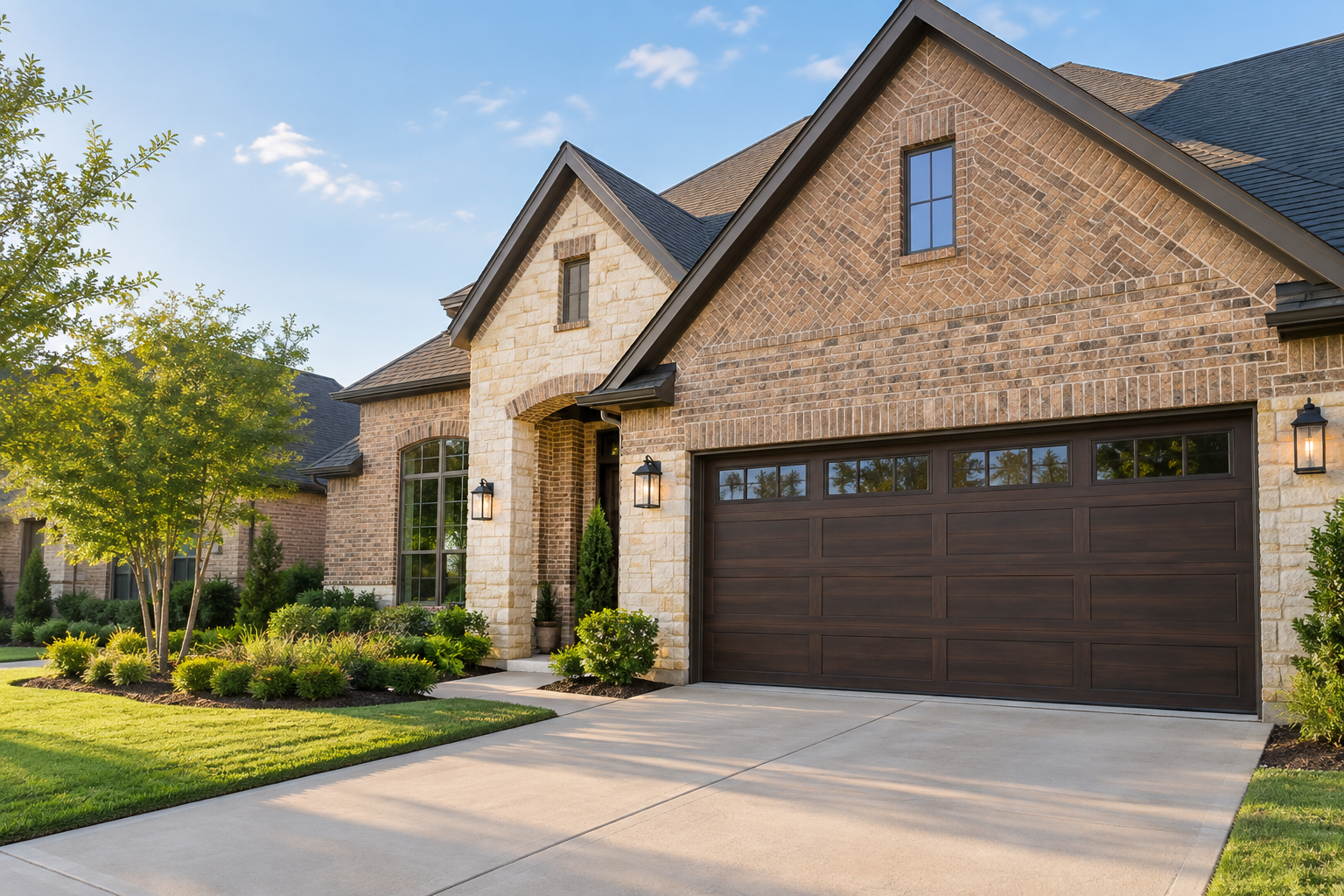 Brick home with a wood-look sectional garage door
