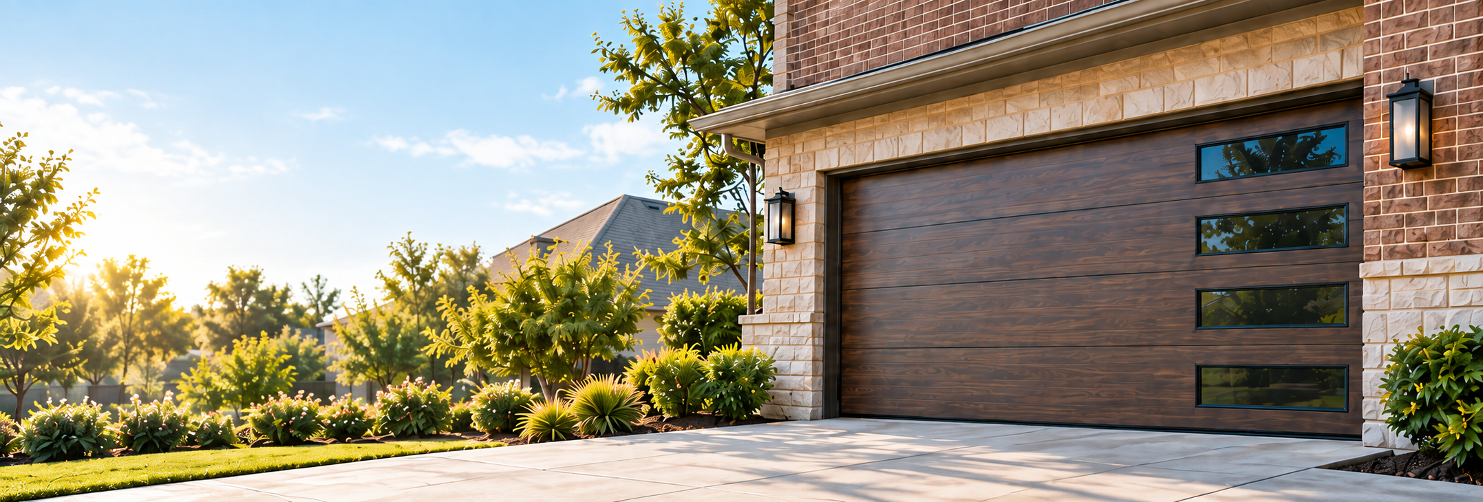 Sunlit wood-look garage door with four windows, brick and stone facade, and landscaped driveway